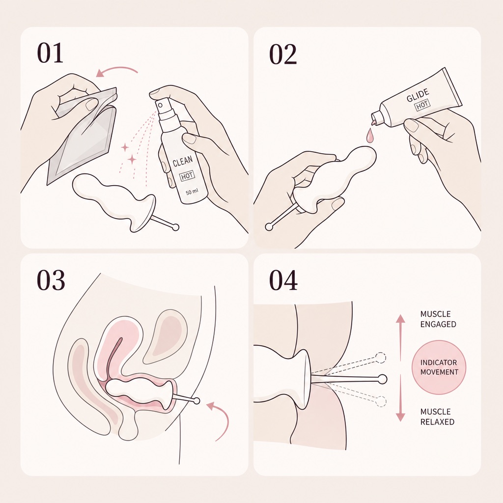 A four-panel illustration of the routine: clean the wand, apply glide, insert it, and watch the indicator move as the muscle engages and relaxes
